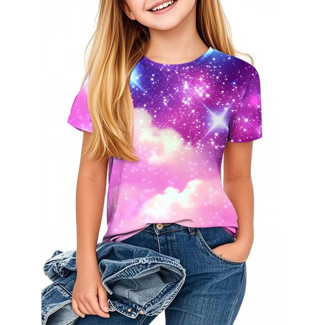 T-Shirt à Motif Imprimé à Manches Courtes pour Enfants, Col Rond, Manches Mi-Longues, Haut Décontracté Polyvalent, Shorts pour Filles