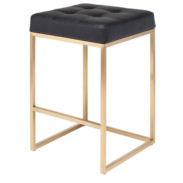 Modern Luxurious Counter Stool with a tufted black faux leather seat and shiny gold steel legs in a minimalist square frame, designed for kitchen counters and home bars, also suitable as a stylish vanity stool.