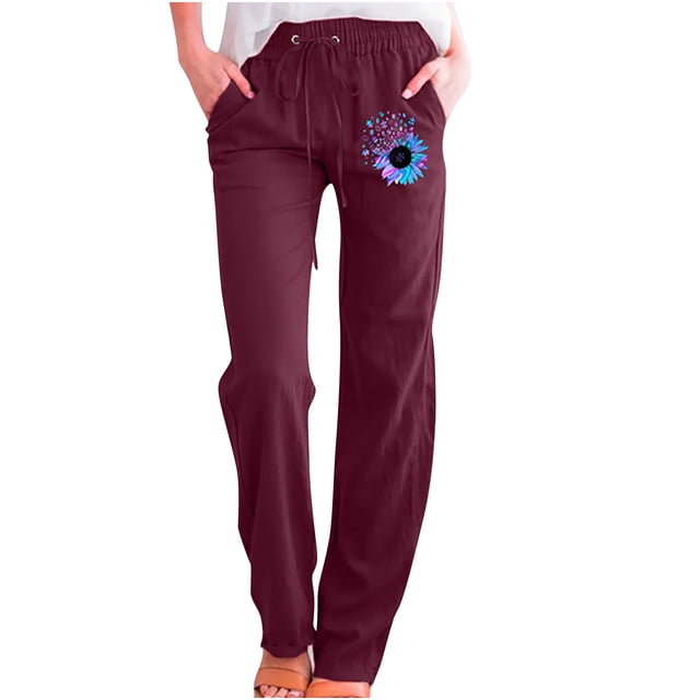 Yuyuzo Womens Cotton Linen Pants Straight Leg Flower Graphic Drawstring High Waisted Lounge Pants Slacks