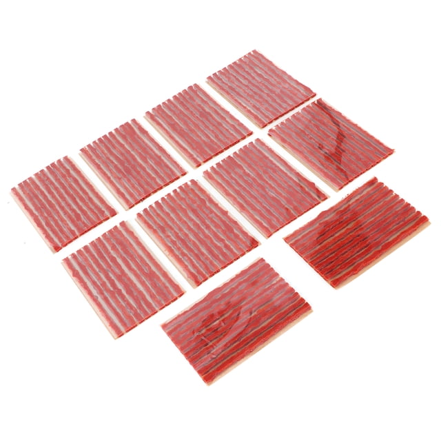 Tire Repair Plug, Sealing Strip Rubber Puncture Recovery Tire Repair Kits Tubeless 100pcs for motorcycles, off-road cars, and flat tires. Includes 10 sheets of 10 rubber strips each, designed for quick and effective tire puncture repair without glue. Strips are approximately 3.9 inches long, ideal for tubeless tire patching and recovery.