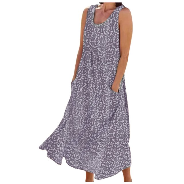 Robes d'Été pour Femmes Robe de Plage en Lin Col Décontracté Ample Robe Midi avec Poches
