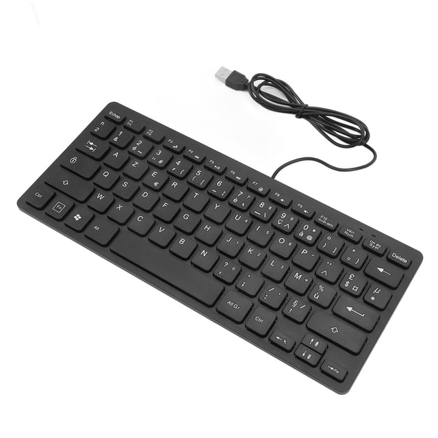 Spanish French German Keyboard, USB Wired Keyboard with 78 ultra-thin keys in a compact black ABS design. Features a 130cm USB cable for plug-and-play functionality, compatible with common operating systems. Ideal for office or home use, supporting bilingual language input.