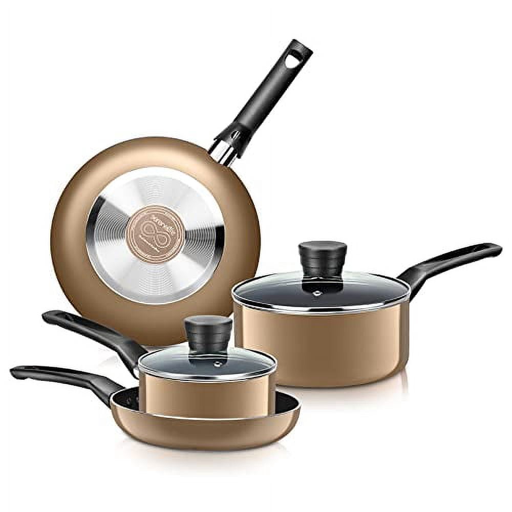 SereneLife Ustensiles de Cuisine Casseroles & Poêles Ensemble de Cuisine de Base, Revêtement Antiadhésif Noir à l'Intérieur, Laque Résistante à la Chaleur (Ensemble de 6 Pièces), Taille Unique, Or