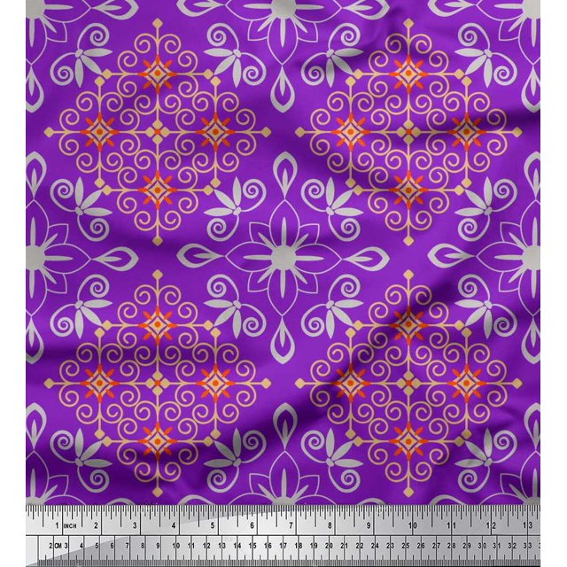 Soimoi Moss Georgette Fabric Filigree Damask Print Fabric by Yard 42 Inch Wide