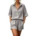 thumbnail image 3 of Cutuo Two Piece Sets for Women Summer Matching Sets, Solid Color Collared V Neck Short Sleeve Button Down Shirt Top and Drawstring Waist Shorts Casual Outfits, 3 of 9