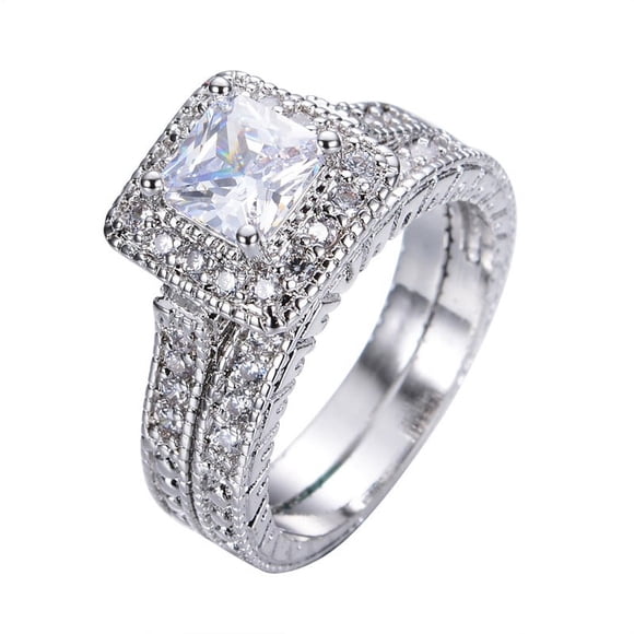 JeenMata 1 Carat Princess Cut Moissanite Wedding Set - Bridal Set - Milgrain Ring - Vintage Ring - Halo Ring - 18K White Gold Plating for Women