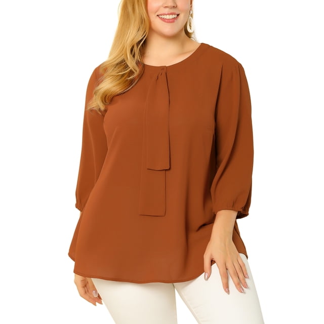 GRACE & GRANDEUR Women's Plus Size Tops Work Round Neck Ruffle Chiffon Blouse Office Top 4X Caramel