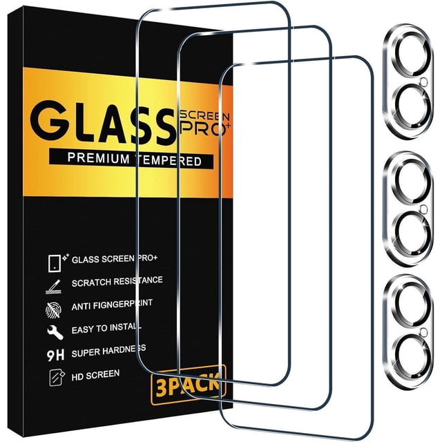 3 Pack Screen Protector for iPhone 16 with 3 Pack Camera Lens Tempered Glass Protector, featuring 6.1-inch HD clear tempered glass with 9H hardness for full coverage. Includes anti-scratch, anti-fingerprint, and high-sensitivity features. The camera lens protector has a black night circle design for clear night photography. Easy installation with a precision cleaning kit ensures no air bubbles.