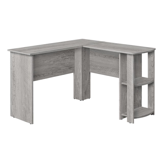 Monarch Specialties Computer Desk, Home Office, Corner, Storage Shelves, 48"l, L Shape, Work, Laptop, Laminate, Grey, Contemporary, Modern featuring an L-shaped grey wood-look laminate surface divided into two 47-inch segments. It includes two open storage shelves on the right side for organizing office supplies, designed for compact corner placement in home offices or study rooms, also suitable as a student workspace.