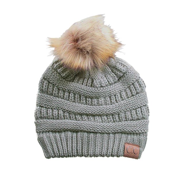Gravity Threads Cable Knit Faux Fur Pom Pom Beanie Hat, Natural Grey