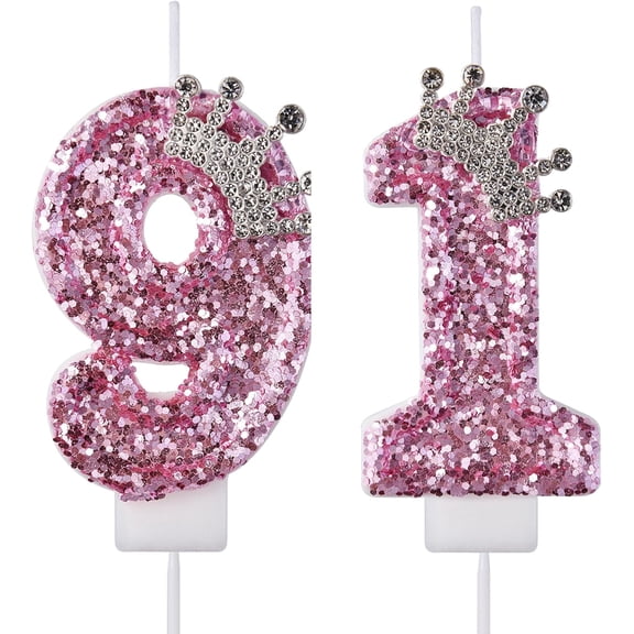 VSHILI 91 Birthday Candles, 91st Cake Candles, Pink Happy Birthday Number 91 Candles Cake Topper Decorations for Party Men Women