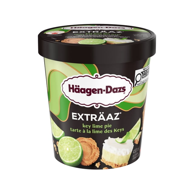 EXTRÄAZ Key Lime Pie Ice Cream by Häagen-Dazs in a 450 ml black tub with green and cream swirl graphics, featuring key lime slices, graham cracker crumbs, and a slice of key lime pie on the label, made in Canada with Canadian dairy and no artificial colours or flavours, ideal for a refreshing dessert.