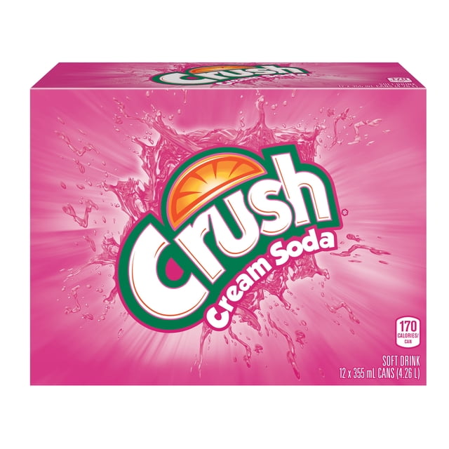 Crush Cream Soda Soft Drink 12 x 355 mL cans in a pink box featuring the Crush logo with an orange slice and splash design, representing a creamy, fizzy beverage with 170 calories per can, suitable for sharing at any occasion.