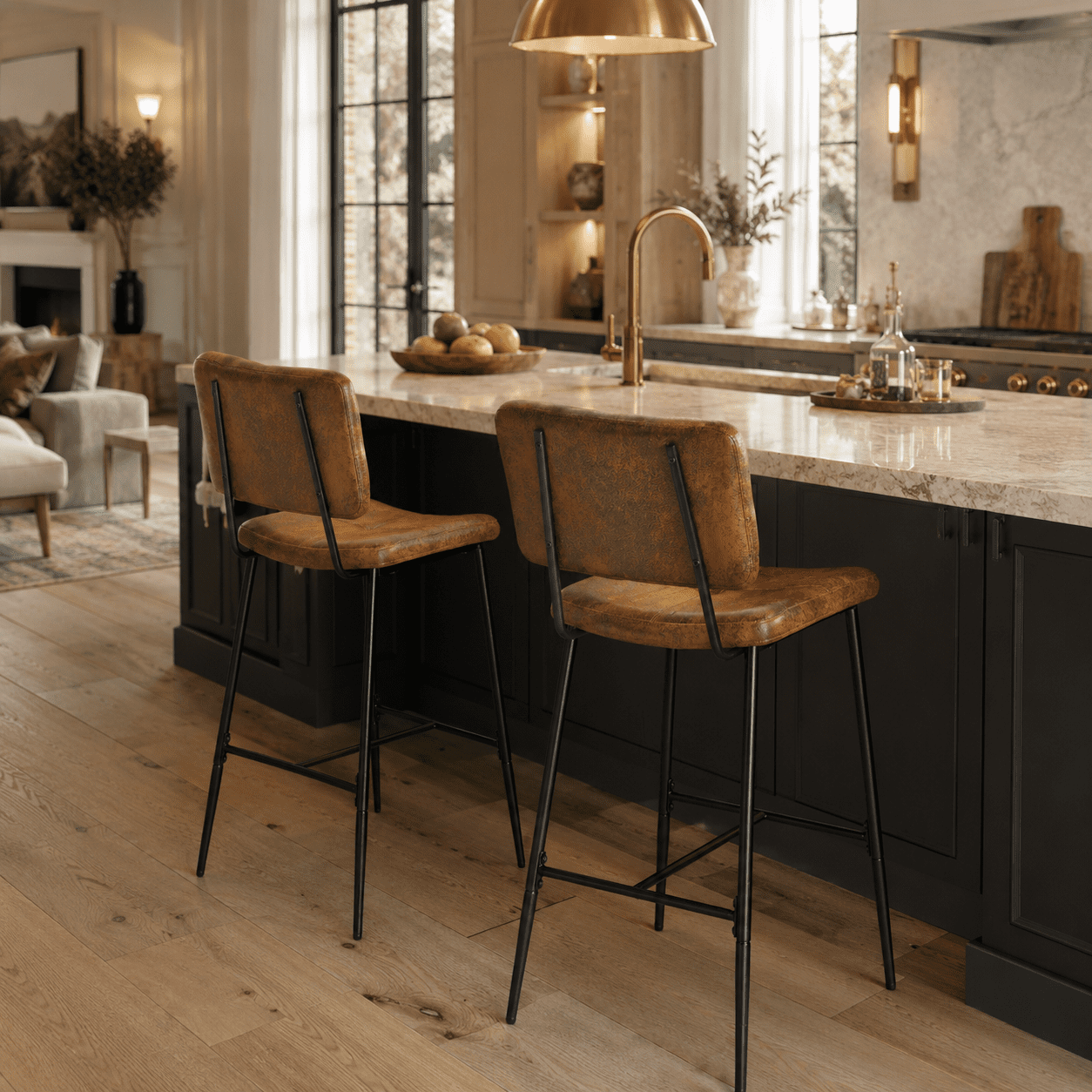 Homy Casa Vintage Industrial Counter Stools Set of 2, Brown Suede-Look Bar Chairs with Back and Footrest