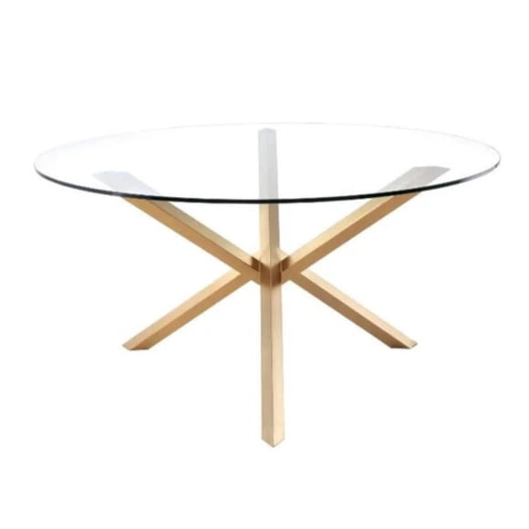 Table de salle à manger Nudo avec base dorée en acier inoxydable et plateau en verre trempé