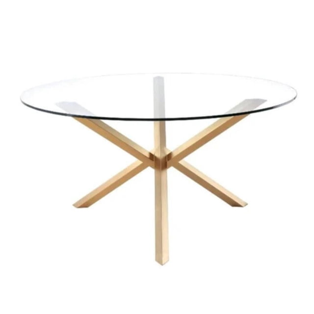 Nudo Dining Table with a stainless steel gold base and tempered glass top featuring a round clear glass surface supported by a four-legged gold metal base arranged in an intersecting X-shape, ideal for dining rooms and also suitable as a modern accent table.