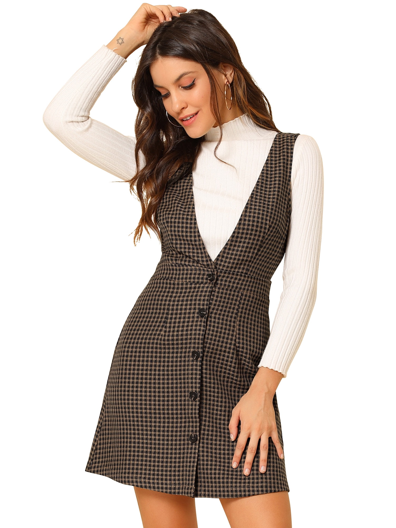 INSPIRE CHIC Women's Overall Suspender Check Houndstooth Pinafore Dress