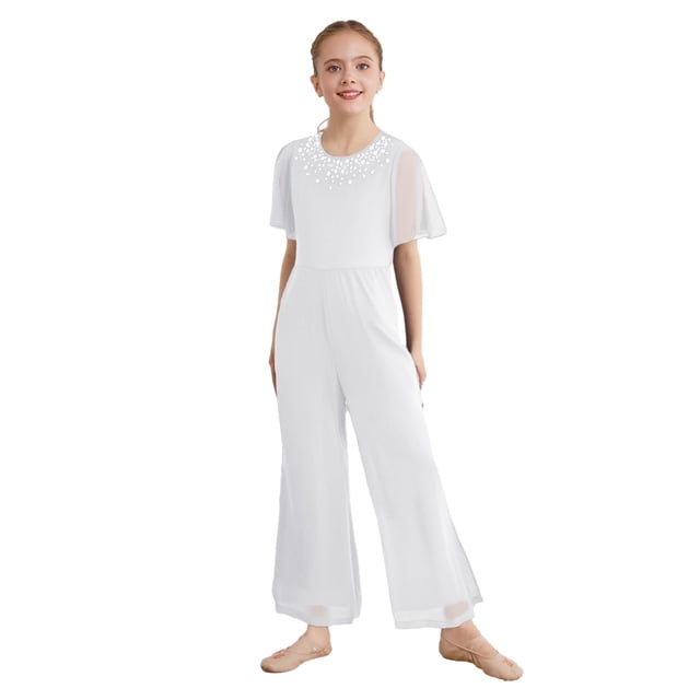 Kvysinly Kids Flower Girls Sparkly Wide Leg Jumpsuits Rhinestone Round Collar Short Sleeve Rompers Pants White 12