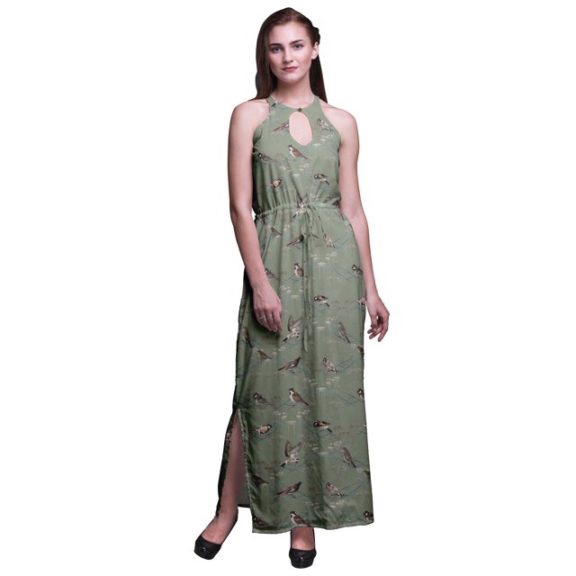 Bimba Bird Women Printed Crew Neck Side Slits Halter Dress Long Evening Gown-Small