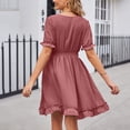 thumbnail image 4 of Dvprdro Robe en Chiffon pour Femmes Mode Été Col en V Manches Courtes à Volants Plissée Fluide Décontractée Ample Boho Plage Soleil Mini Robe, 4 of 5