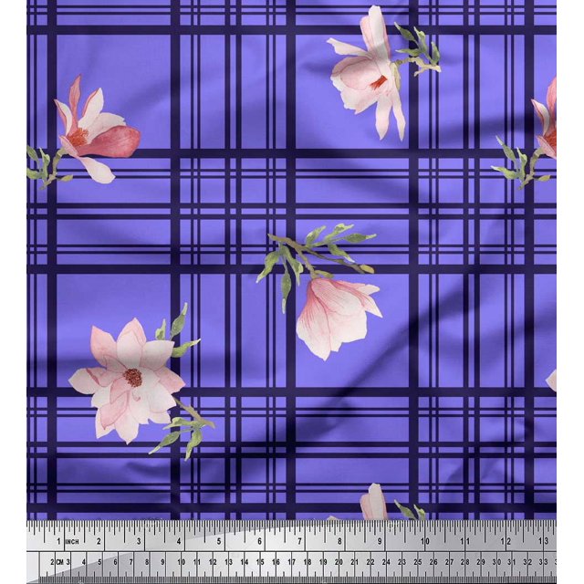 Soimoi Purple Poly Georgette Fabric Check & Magnolia Floral Fabric Prints By Yard 42 Inch Wide