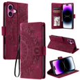 thumbnail image 1 of Étui à Rabat pour iPhone 16, Portefeuille en Cuir PU Premium avec Fleurs en Relief Totem, Porte-Cartes et Support Compatible avec iPhone 16 - Rouge, 1 of 12