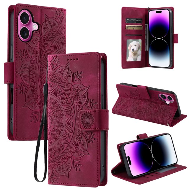 Étui à Rabat pour iPhone 16, Portefeuille en Cuir PU Premium avec Fleurs en Relief Totem, Porte-Cartes et Support Compatible avec iPhone 16 - Rouge