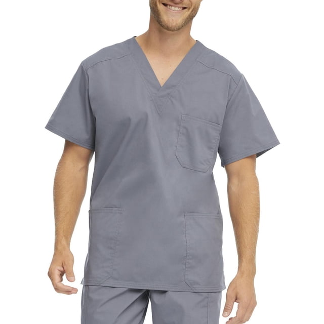 Scrubstar Men's Core Essentials V-Neck Scrub Top in grey, front view featuring short sleeves, one chest pocket, two patch pockets, and side vents for ease of movement, made from breathable brushed cotton poplin fabric suitable for male health care professionals.