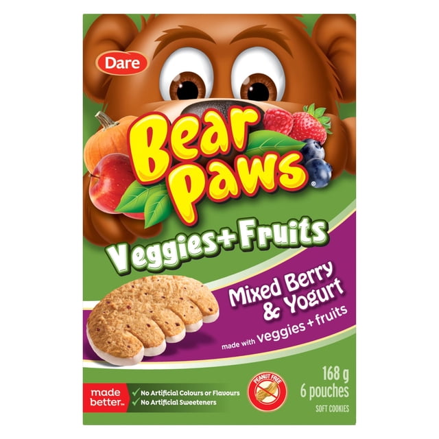 Dare Bear Paws Veggies + Fruits Mixed Berry and Yogurt Soft Cookies, 168g (6 pack)