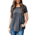 thumbnail image 2 of Femmes T-shirt Couleur Unie Bouton Femmes Col Rond Haut Col Rond Manches Courtes Chemisier, Gris, XL, 2 of 5