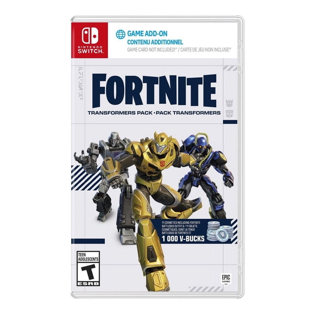 Fortnite - Transformers Pack Code in Box (Nintendo Switch) game add-on cover featuring three metallic Transformers characters in gold, blue, and gray, highlighting 11 cosmetics including the Fortnite Battlebus outfit and 1,000 V-Bucks, rated Teen by ESRB.