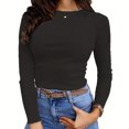 thumbnail image 3 of Women's Long Sleeve Ribbed T Shirt: Slim Fit, Pure Color, Stretchy Fabric, Easy Care, 3 of 6