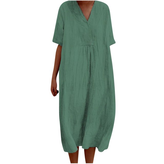 Birdeem Robe Décontractée à Manches Courtes en Coton et Lin Uni Col en V Printemps et Été pour Femmes