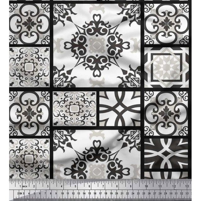 Soimoi Georgette Viscose Fabric Check & Damask Patchwork Print Fabric by The Yard 42 Inch Wide