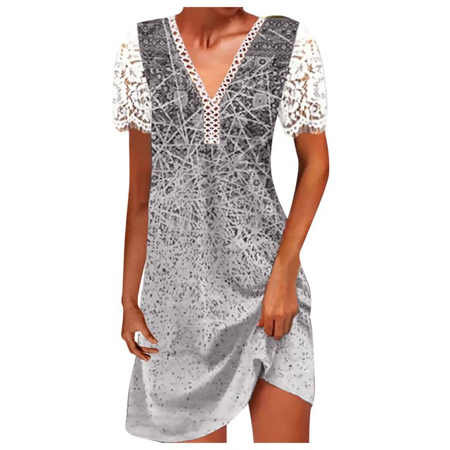 Cameland Robe Ample pour Femme à Col en V, Mode Décontractée, Style Élégant, Chandail à Manches Courtes, Imprimé en Dentelle