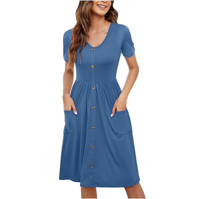 TopLLC Robe de Plage pour Femme Été à Manches Courtes Col en V Robe Débardeur Décontractée Boutonnée Taille Élastique Robes Évasées avec Poche