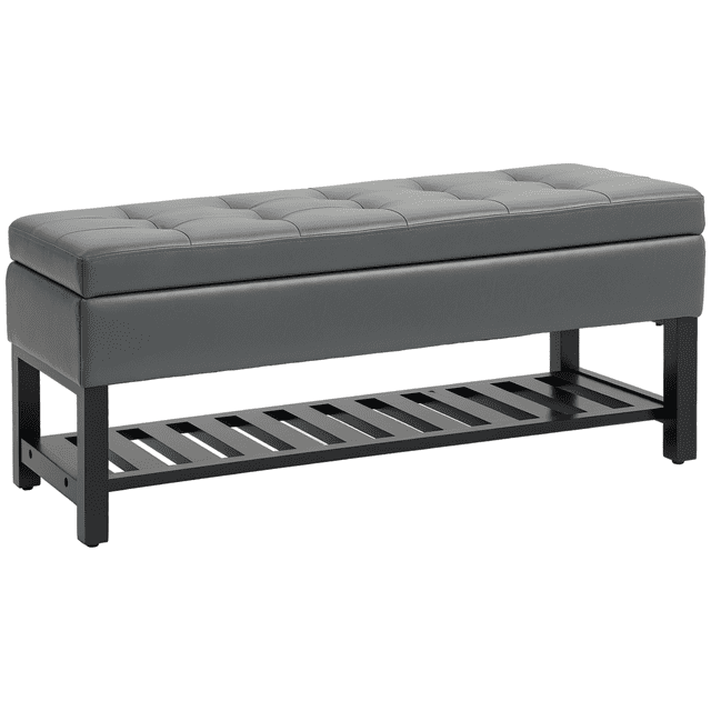 HOMCOM 2 In 1 Lift-top Storage Ottoman Bench Grey, a 44-inch PU leather tufted entryway bench with a padded top for seating and storage. Features a hinged lid for internal storage space, a slatted shoe rack for footwear organization, and raised wooden legs for stability.