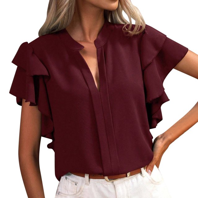 Hiiyo Chemisier à Manches à Volants à Col en V pour Femme, Blouse Polyvalente Décontractée d'Été, Tailles P