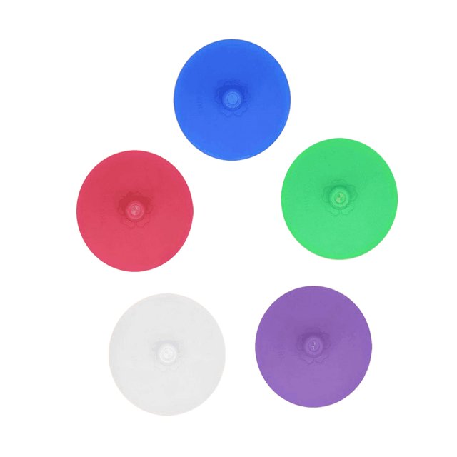 Under 10 Rack Silicone Fermenting Lids, Waterless Airlock Fermentation Mason Jar Lids in a 5-pack, shown in five colors: red, blue, green, white, and purple. These 3.2-inch diameter silicone lids are designed for fermenting foods like kimchi, pickles, and sauerkraut. Made from BPA-free, durable silicone, they are dishwasher-safe and easy to clean. Jars and metal rings are not included.