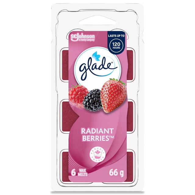 Glade® Recharges de Assainisseur d'Air à Base de Cire, Baies Éclatantes, six cubes de Cire Pressée Rouge Foncé dans un Emballage en Plastique Transparent avec une Étiquette Rose Présentant des images de Framboise, Mûre et Fraise, Durée jusqu'à 120 Heures de Parfum Sans Flamme pour la Déco de la Maison et la Rafraîchissement de l'Air, Idéal pour Ajouter du Parfum Sans Flammes.