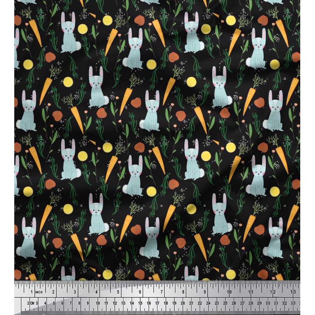 Soimoi Poly Georgette Fabric Leaves,Carrot & Rabbit Kids Print Sewing Fabric Yard 42 Inch Wide