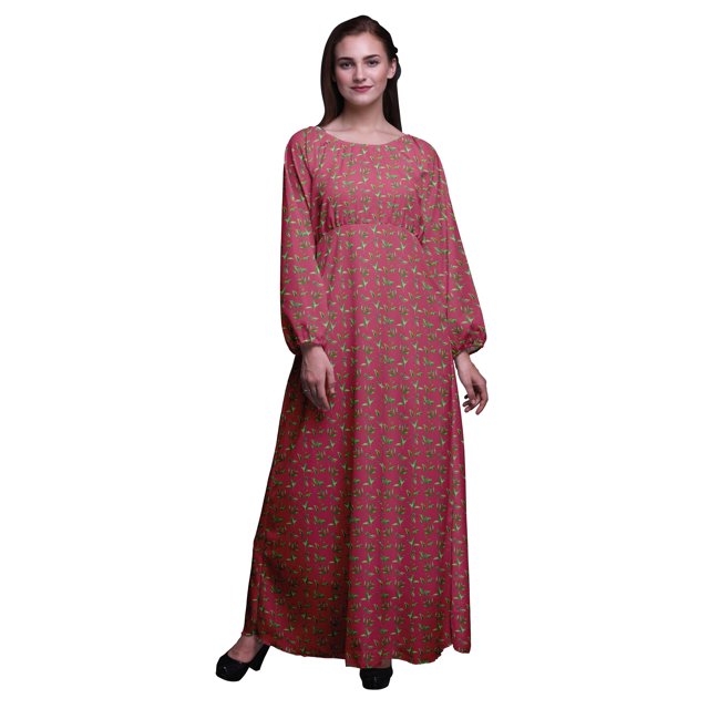 Bimba Robe Maxi à Manches Longues pour Femmes en Georgette Mousse Imprimée de Feuilles de Thé, Taille Élastique - Xxx-Grand