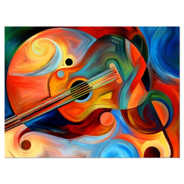 Designart Art Mural sur Toile de Musique et de Rythme Montrant une Guitare Impressionniste Abstraite aux Tons Tourbillonnants Rouge, orange, Bleu et Vert sur Toile de Coton de Qualité Supérieure. Cette Impression sur Toile Enveloppée pour Galerie Arrive Prête à Accrocher et Convient au décor Mural Moderne.