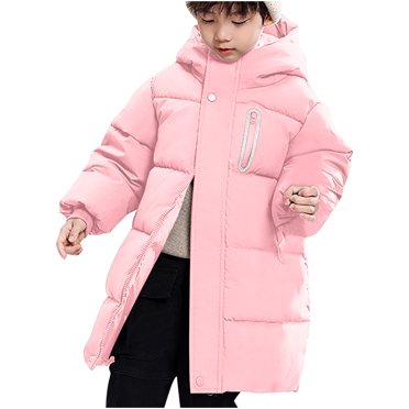 WRKEKC Girls Down Jacket Kids Hooded Winter Coat with Reflective Zip Up Thickened Knee Length Windproof Water Resistant Outerwear for 4-14 Years