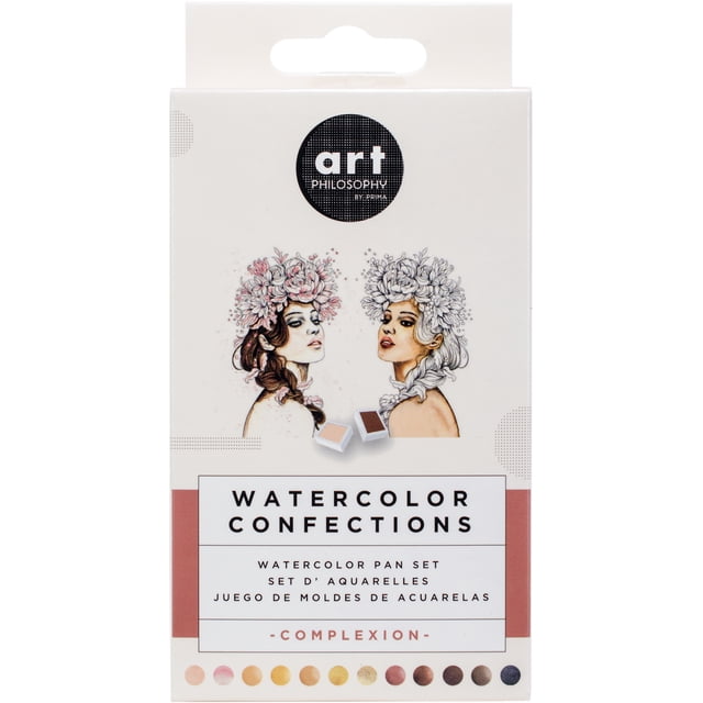 Prima Watercolor Confections Watercolor Pans 12/Pkg-Complexion, a portable watercolour paint set with 12 artist-grade multicolour pans in a compact metal palette tin featuring fold-out mixing areas. Ideal for mixed media projects and artists on the go, with packaging showcasing floral illustrations and complexion tones.