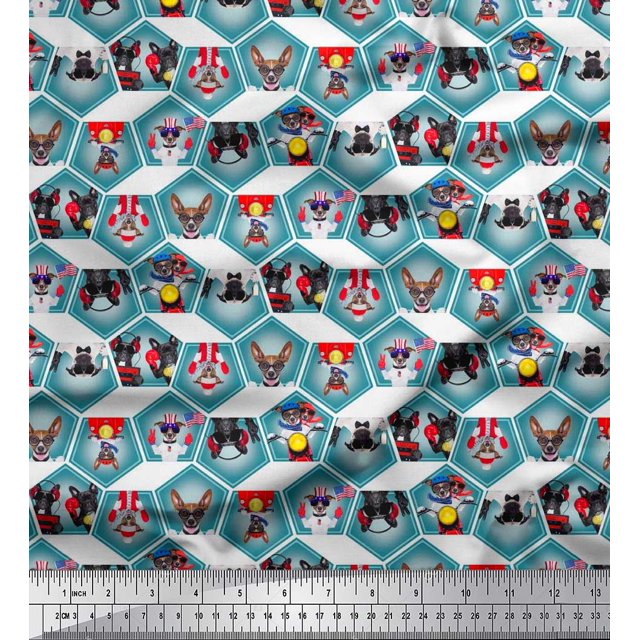 Soimoi Moss Georgette Fabric Geometric & Dogs Patchwork Print Fabric by The Yard 42 Inch Wide