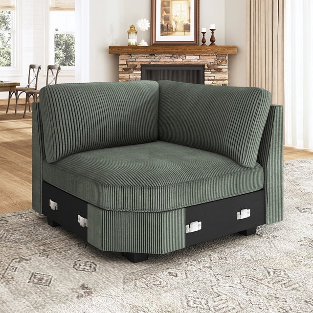 HONBAY Siège d'Angle de Canapés Sectionnels Modulaires en Velours Côtelé Vert, avec un design en Tissu Côtelé. le Siège d'Angle Est Modulaire, Permettant un Démontage et un Assemblage Faciles pour Créer Diverses configurations d'Assise, comme un sofa Quatre Places. Il Comprend un Cadre en Bois Robuste avec des Pattes en Bois Massif pour la Durabilité et une Housse Amovible Lavable à la Machine pour un Nettoyage Sans Effort. Exposé dans un Décor de Salon Chaleureux avec un Foyer et une Déco Neutre.
