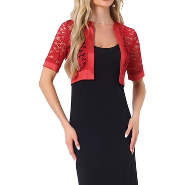 INSPIRE CHIC Women's Halloween Bolero Shrug Satin Panel Short Sleeves Lace Open Front Crop Cardigan Red XS