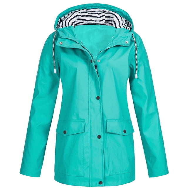 aohooy Manteaux de Pluie Grande Taille pour Femmes Légers à Rayures à Capuche Imperméable Extérieur Voyage Randonnée Coupe-Vent 2025 Vert,G