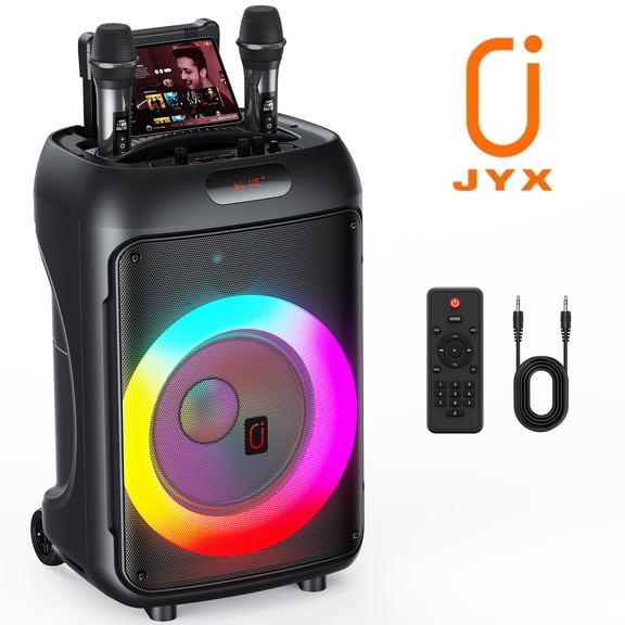 JYX Large Karaoke Machine, Portable Karaoke Speaker with Wheels, 12'' Subwoofer Deep Bass,  PA System with 2 Wireless Microphones for Party